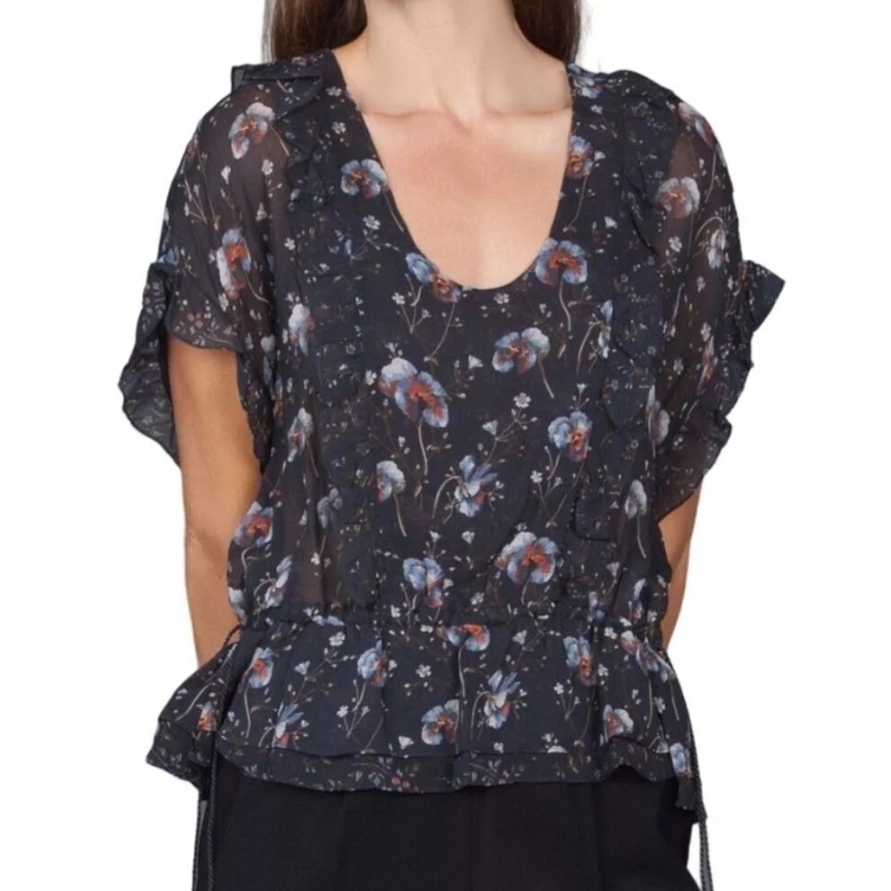 Ulla Johnson Leif Oversized Boxy Silk Blouse in Midnight Floral, Ruffle Hem, EUC